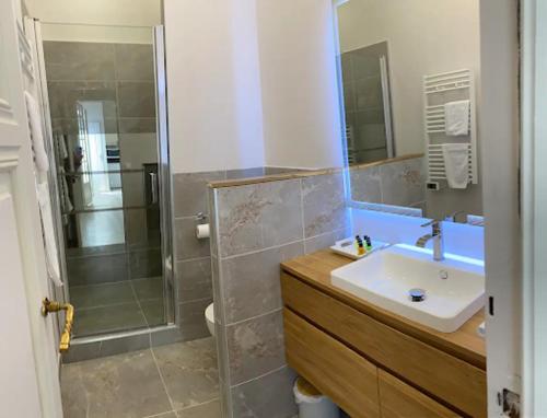 une salle de bain avec une douche et un lavabo et une douche dans l'établissement Appartement élégant au cœur de Cabourg, à Cabourg