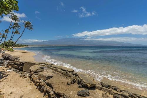 a beach with palm trees and the ocean at Kanai A Nalu 302 in Wailuku