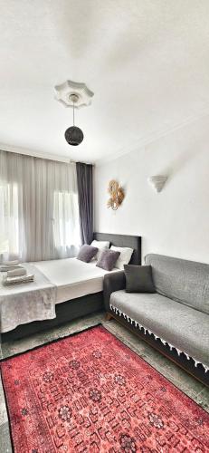 a living room with a couch and a red rug at Merkez Kumsal Pansiyon in Bodrum City