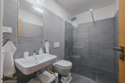 a white bathroom with a sink and a toilet at MINIMAX apartmán in Deštné v Orlických horách