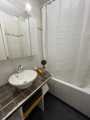 une salle de bain blanche avec un lavabo et une douche dans l'établissement Superbe apart proche transports, à Rueil-Malmaison