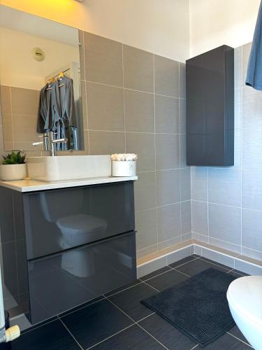 une salle de bain avec un lavabo et des toilettes dans l'établissement My Resid Appart Cannes marina vue mer, à Mandelieu-la-Napoule