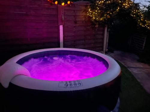 ヴァンドームにあるGite de Vendômeの- ピンクの水を使用したホットタブ(夜間)