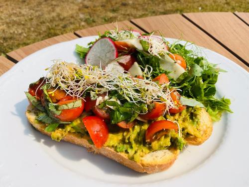 a white plate with a sandwich and a salad at Kliff Butiik Majutus in Panga