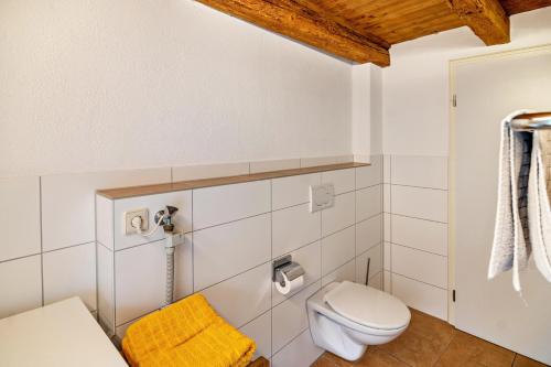 a bathroom with a toilet and a sink at Ferienhaus Felicia in Ravensburg