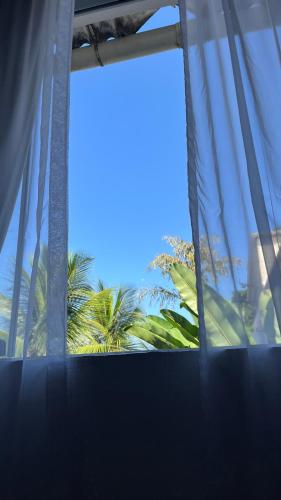 a window with a view of a palm tree at GUEST HOUSE Floresta Mar in Angra dos Reis
