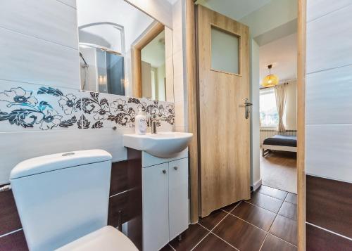 a bathroom with a toilet and a sink at Willa Aleksandra - Apartamenty in Międzybrodzie Żywieckie