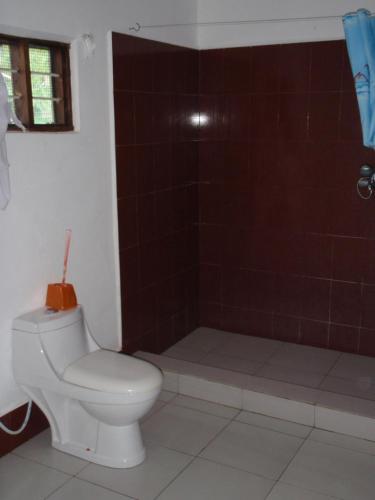 a bathroom with a toilet and a shower at Ramblers Dive Hostel in Utende