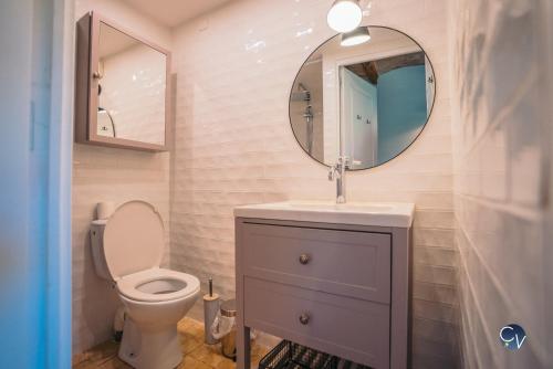 une salle de bain avec toilettes, lavabo et miroir dans l'établissement Le Mas de mon père XVIIeme siecle, à Saint-Jean-de-Valériscle