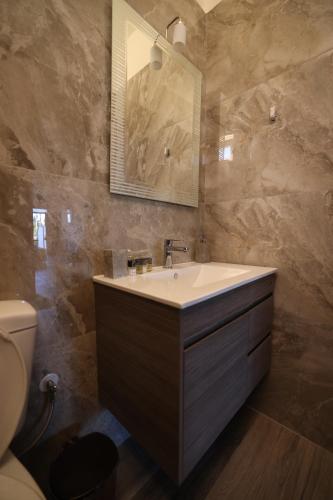 a bathroom with a sink and a mirror at Filippos Apartments in Amarinthos