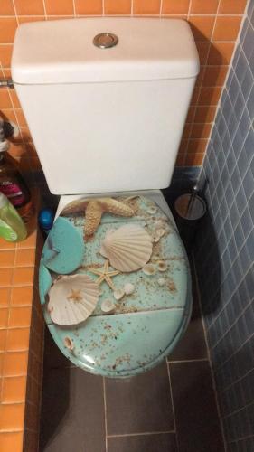 a toilet with shells on the seat in a bathroom at Ανατολή apartment in Nea Mesangala