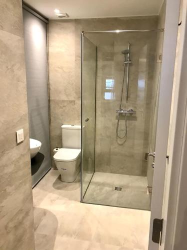 a bathroom with a glass shower and a toilet at Donosti House Bi con Parking ESS2648 in San Sebastián