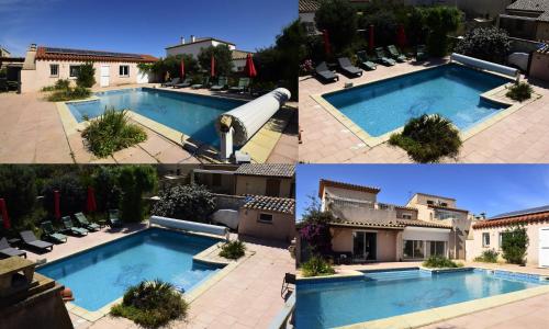 a collage of three pictures of a swimming pool at les 2 dauphins in Le Barcarès