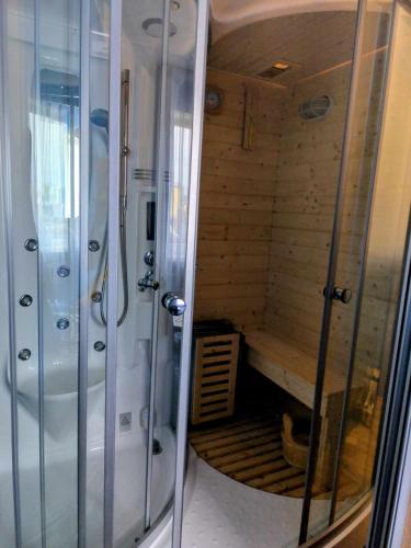 a shower stall in a bathroom with a tub at OWR Kamyczek in Sarbinowo