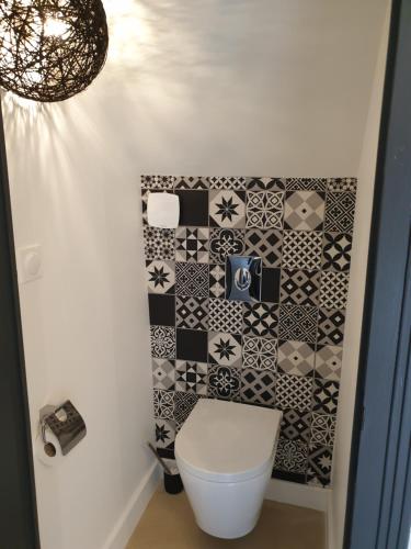 La salle de bains est pourvue de toilettes et de carrelage noir et blanc. dans l'établissement Charmante maison de famille près de Lyon, à Lozanne