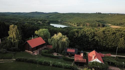 an aerial view of a house and a lake at Garić Bajka in Križevci