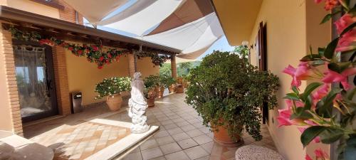 an outdoor patio with plants and an umbrella at Bellavista Versilia in Pietrasanta