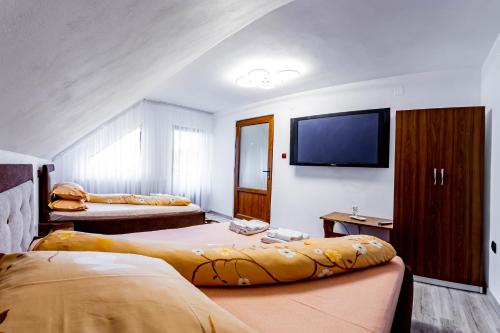 a hotel room with two beds and a flat screen tv at Pensiunea Mariana in Baia de Fier