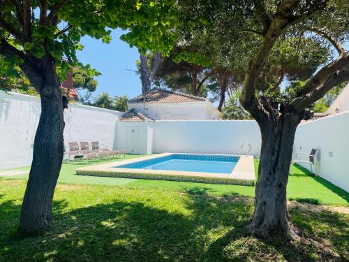ein Swimmingpool in einem Hof mit zwei Bäumen in der Unterkunft Brisa Home in Chiclana de la Frontera
