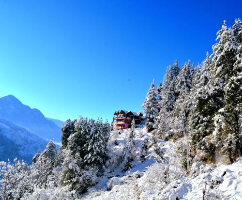 a house on the side of a snow covered mountain at Laida Holiday Homestay in Banjār