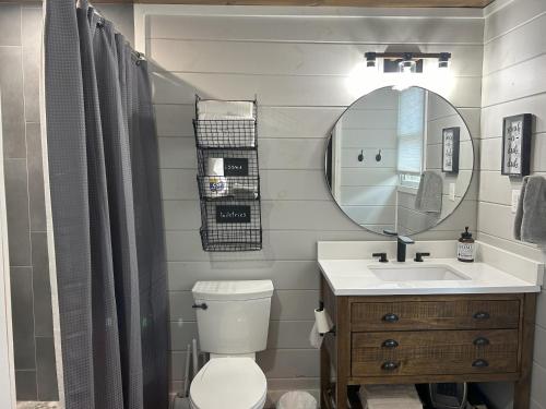 Un baño con inodoro, lavabo y espejo. en Blissful Nook Tiny Home ~ Cozy Retreat w/ Hot Tub; near Town and Deep Creek, en Bryson City