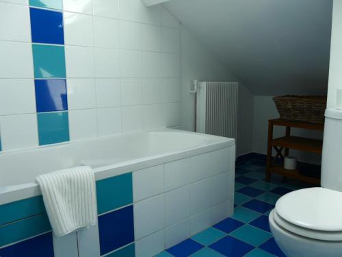 a bathroom with a white toilet and blue tiles at Charmante villa aux portes de Paris in Issy-les-Moulineaux