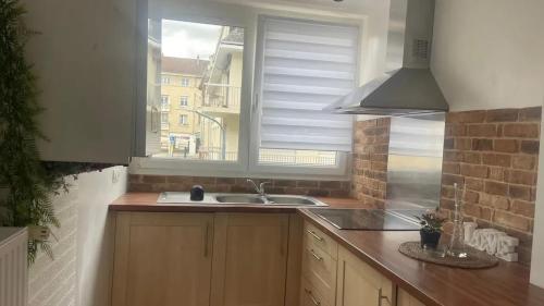 a kitchen with a sink and a window at Appartement spacieux à Caen 65 m² avec balcon vue sur la ville in Caen