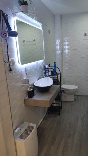 a bathroom with a sink and a toilet and a mirror at Estupendo Loft Plaza de Toros in Alicante