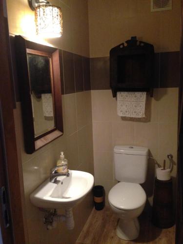 a bathroom with a white toilet and a sink at Gospodarstwo Rospuda in Bakałarzewo