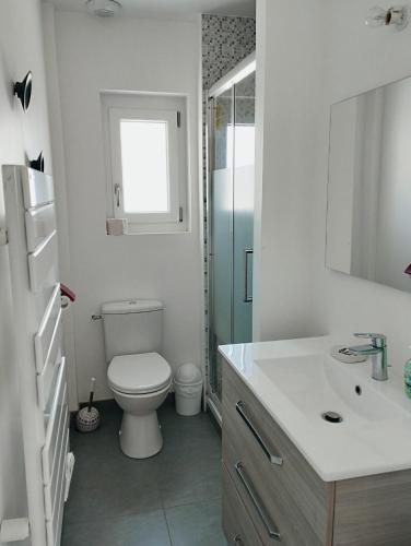 une salle de bain blanche avec des toilettes et un lavabo dans l'établissement Appartement vue mer, à Carnac