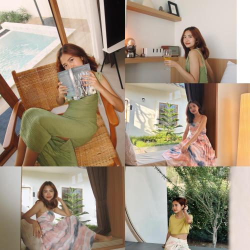 a collage of pictures of a woman reading a magazine at SaroRach pool villa resort Kohlarn in Ko Larn