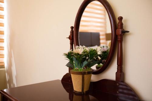 a vase with flowers on a table in front of a mirror at Hotel and Restaurant Shallalat Anjar in ‘Anjar