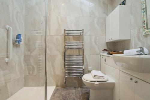 a bathroom with a shower and a toilet and a sink at Musthay Mews Tockington cottage in Bristol