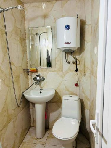 a small bathroom with a toilet and a sink at Cozy Flat N2 in Ureki