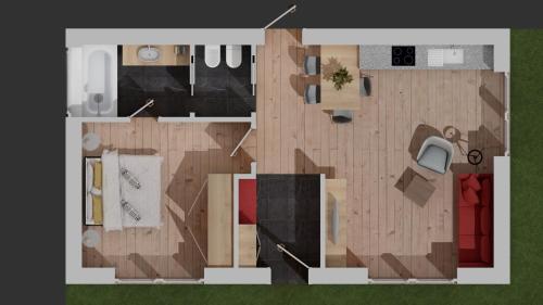 a rendering of a floor plan of a room at Mountainlodge Luxalpine in San Vigilio Di Marebbe