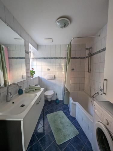 a bathroom with a sink and a tub and a toilet at Ferienwohnung grünes Haus Colditz in Colditz