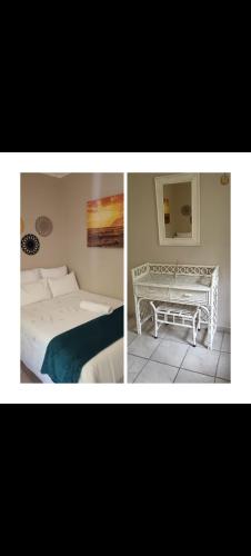 two pictures of a bedroom with a bed and a bench at Peaceville in Port Shepstone