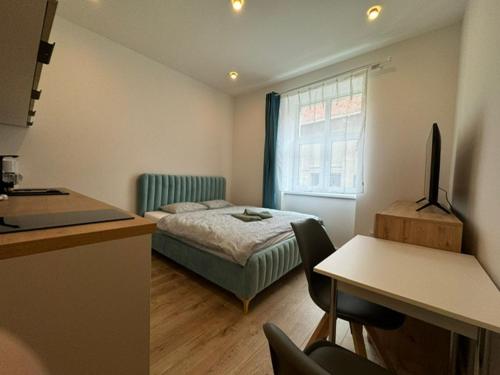 une chambre avec un lit, un bureau et une table dans l'établissement Central Newest Studio Bastova, à Košice