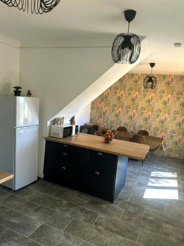 Il comprend une cuisine équipée d'un comptoir et d'un réfrigérateur. dans l'établissement Au Micocoulier, à Châteauneuf-de-Gadagne