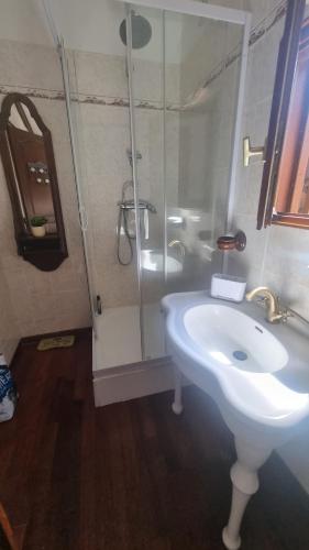 une salle de bain avec un lavabo et une douche en verre dans l'établissement La Normandie, à Saint-Pierre-du-Val