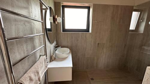 a bathroom with a sink and a toilet and a window at Шале Green Land in Bukovel