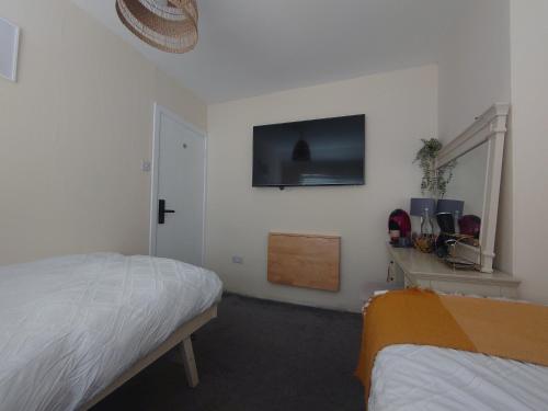a bedroom with two beds and a tv on the wall at Grand Canal Private Rooms in Dublin