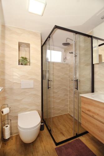 a bathroom with a shower and a toilet and a sink at viola in Zadar
