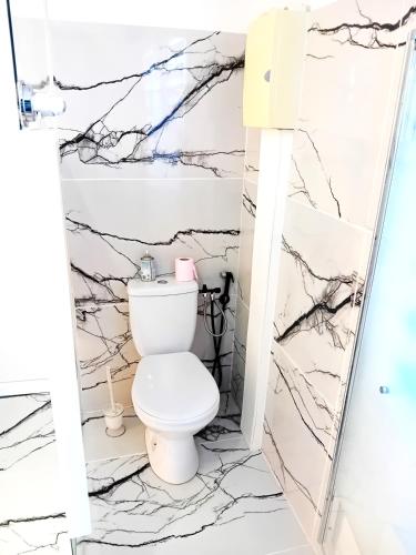La salle de bains est pourvue de toilettes blanches et de murs en marbre. dans l'établissement Charmante chambre au rdc, à La Ciotat