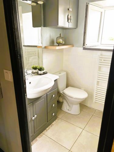 une salle de bain avec un lavabo et des toilettes dans l'établissement Maison typique Oléronaise au cœur de l'île d'Oléron, à Saint-Georges-dʼOléron