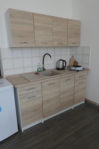 a kitchen with wooden cabinets and a sink at apartmán na náměstí in Zákupy