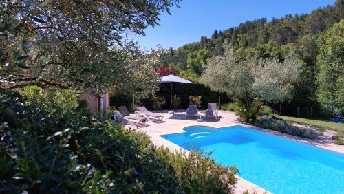 a swimming pool in a yard with chairs around it at Freundliches Haus mit Pool und großem Garten in Buis-les-Baronnies