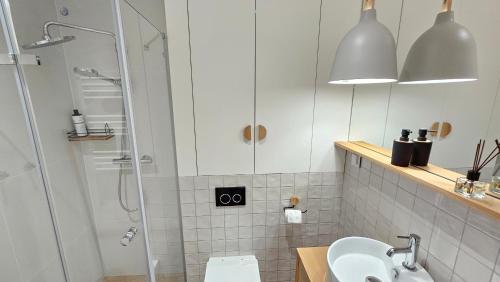 a bathroom with a shower and a sink and a toilet at Rest Village 5A Trzęsacz in Pustkowo