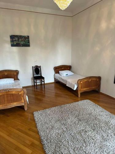 a living room with two beds and a rug at Didvela Villa in Kutaisi