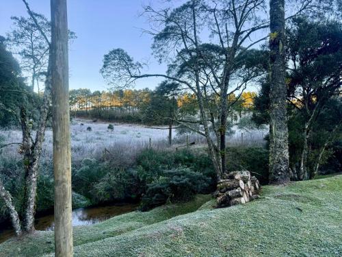 a view of a field with trees and a river at Vila Vert - Rancho Queimado - SC in Rancho Queimado